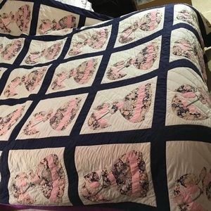 Vintage Homemade patchwork hand stitched quilt queen, ladies holding the parasol